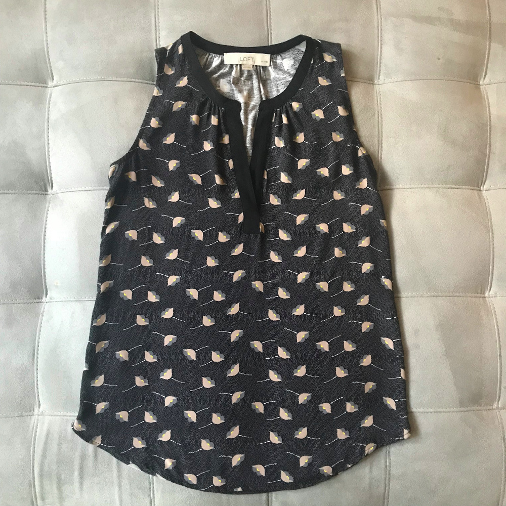 Ann Taylor LOFT Tank Black Grey Floral Dots Sz XSP